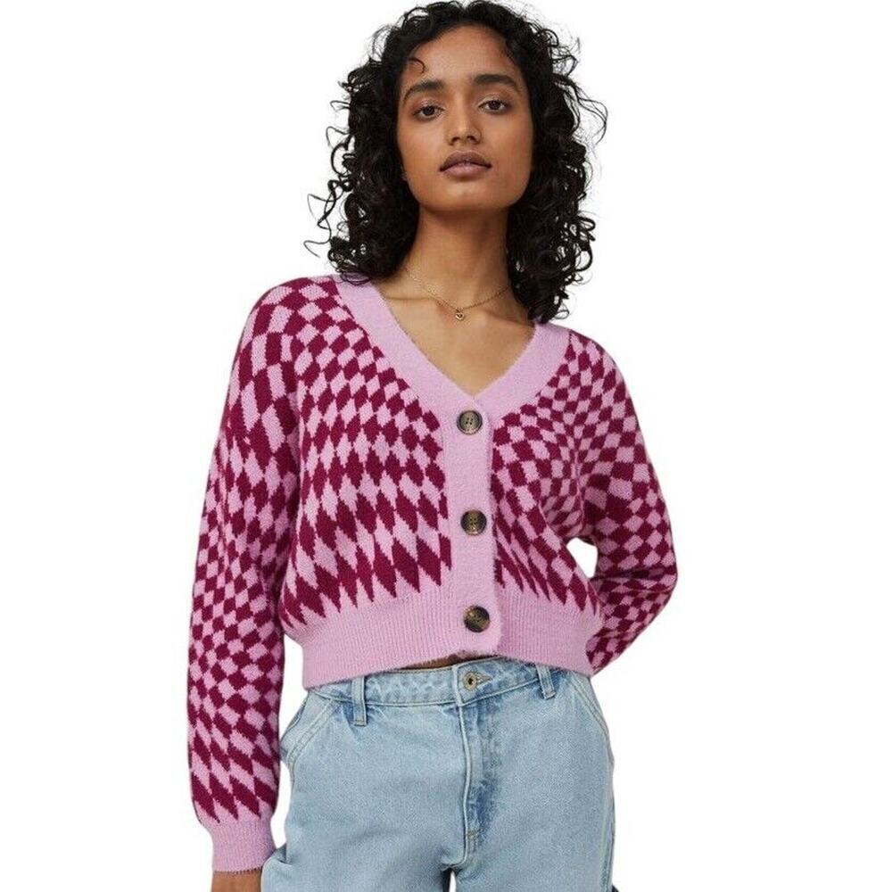 Cotton On Knit Cardigan Fluffy Optical Splice Berry Sz Small Checkered